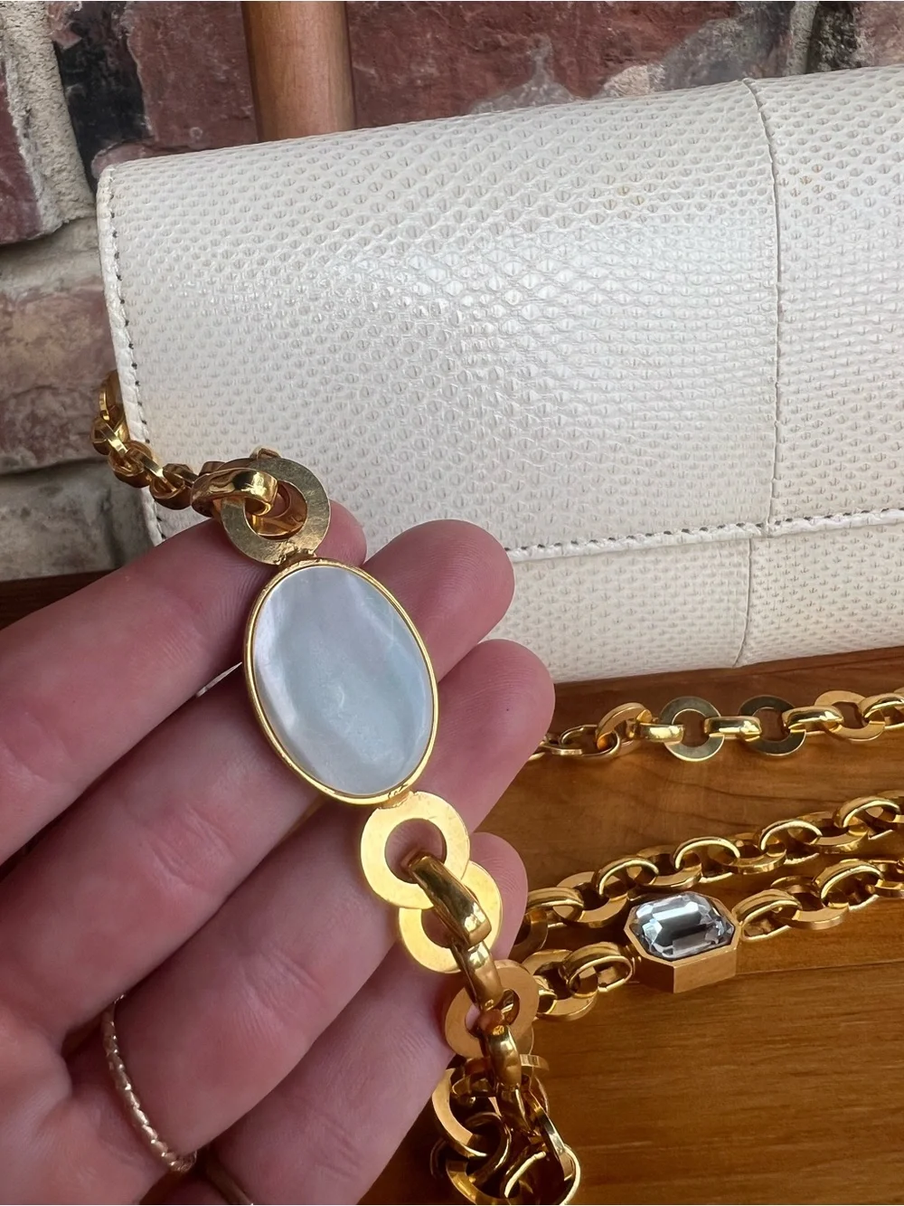Vintage Ivory Snakeskin Embossed Leather Crossbody Clutch w/ Gold Jeweled Chain